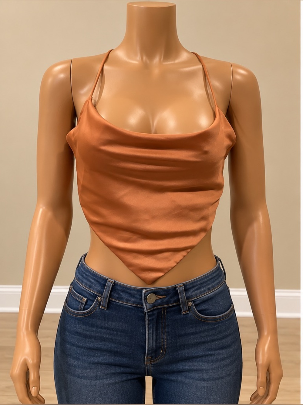 OOTDFash Rust Satin Cowl Neck Backless Tie Crop Top Y2K Small NWT